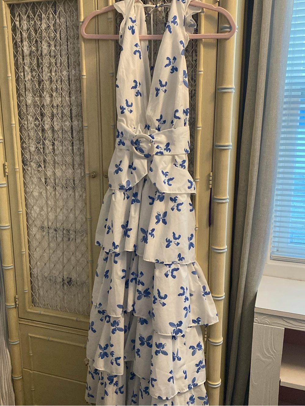 Tiered White Dress with Blue Floral Print and Belt